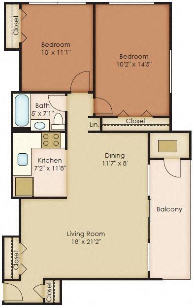Floor plan for 2 beds, 1 bath, 838 sqft